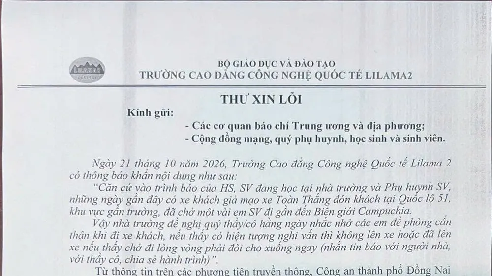 Thư xin lỗi của Trường Cao đẳng Công nghệ quốc tế Lilama 2