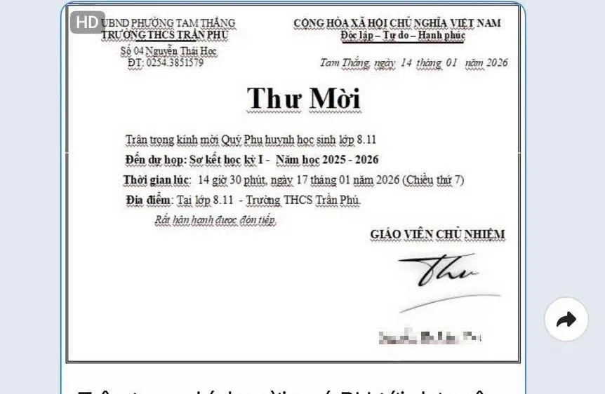 Nội dung thông báo của giáo viên chủ nhiệm lớp 8.11 Trường THCS Trần Phú