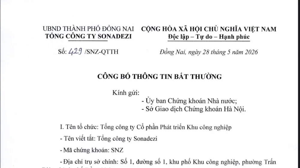 Văn bản công bố thông tin bất thường của Tổng công ty Sonadezi.