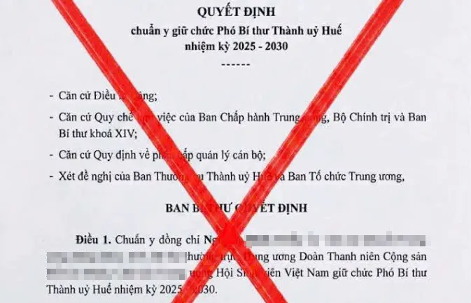 Cảnh báo quyết định về chuẩn y chức vụ Phó Bí thư Thành ủy Huế là giả