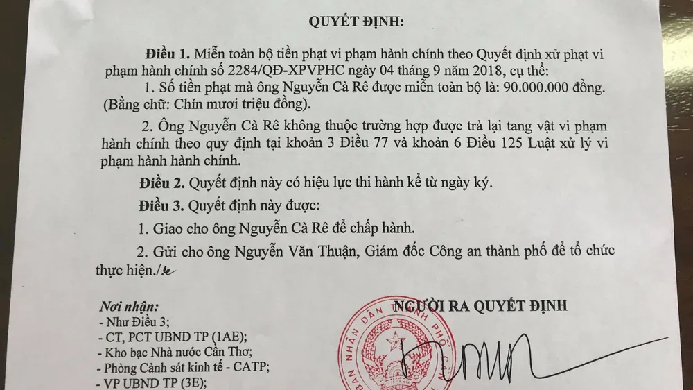 Chính thức miễn tiền phạt 90 triệu đồng cho ông Nguyễn Cà Rê