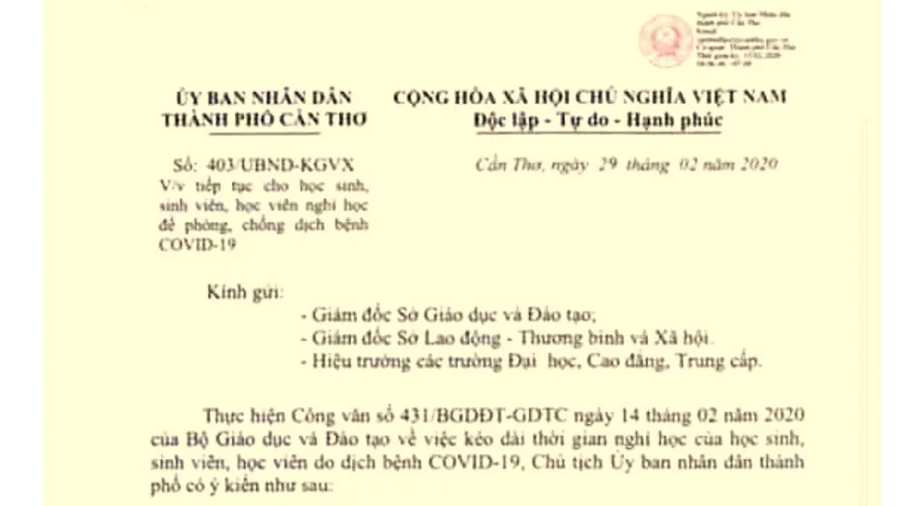 Cần Thơ điều tra công văn giả thông báo học sinh nghỉ hết tháng 3