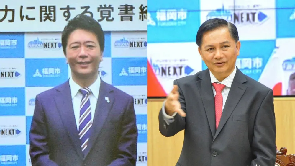 Ông Takashima Soichiro, Thị trưởng TP Fukuoka (trái) và ông Trần Văn Lâu, Chủ tịch UBND TP Cần Thơ