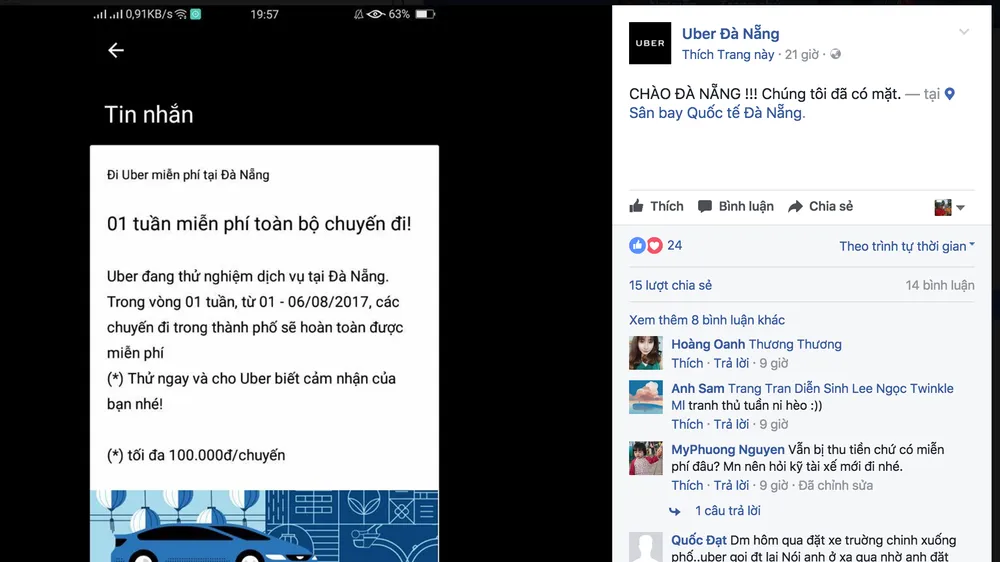 Quảng cáo đi miễn phí dịch vụ Uber tại Đà Nẵng trên mạng xã hội facebook 