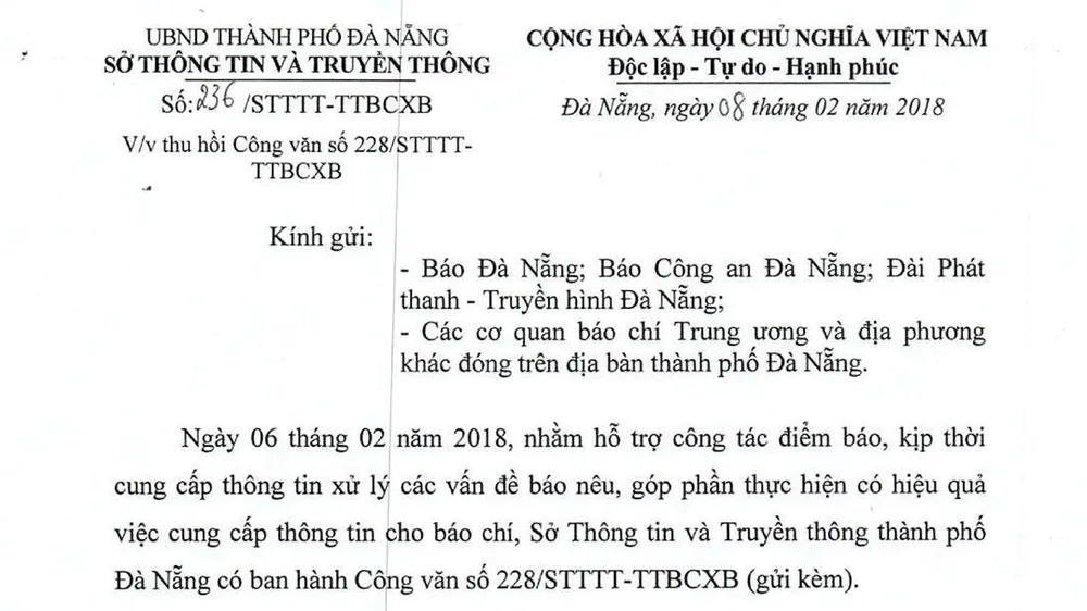 Đà Nẵng thu hồi văn bản không phù hợp với Luật Báo chí 