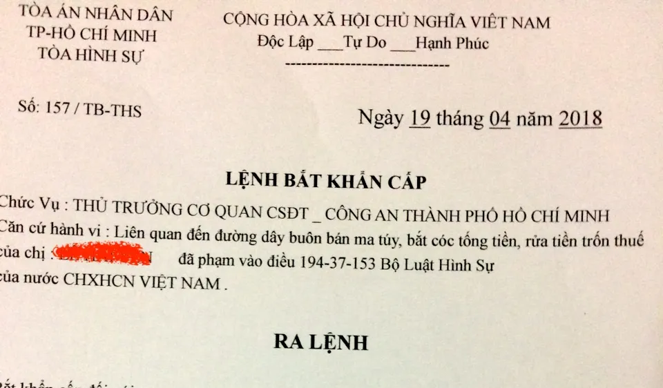"Lệnh bắt khẩn cấp" mà đối tượng lừa đảo gửi cho chị Y. 