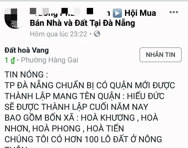 Cò đất tung tin đồn tách huyện Hòa Vang để thổi giá đất