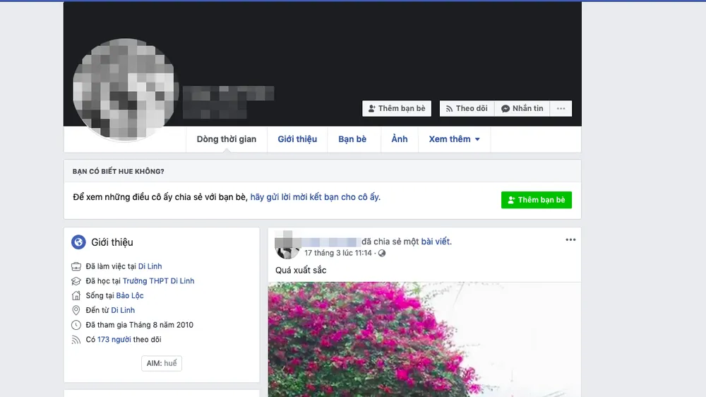 Trang cá nhân H.T.T đăng thông tin sai đã xoá dòng status