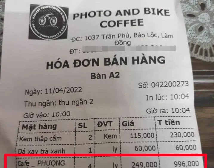 Quán cà phê tại Bảo Lộc không niêm yết giá, bị tố “chặt chém” ly cà phê 249.000 đồng
