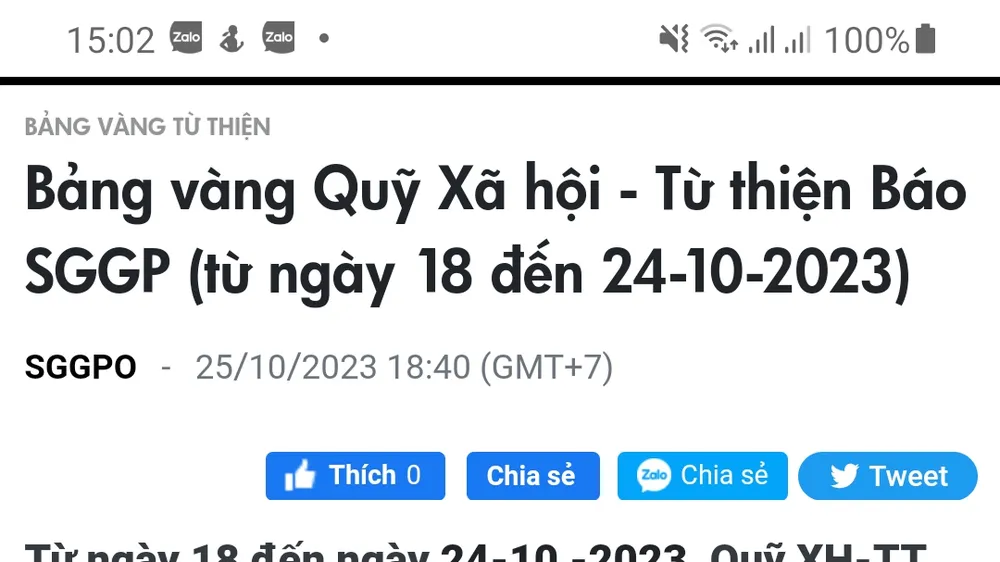 Bảng vàng Quỹ Xã hội - Từ thiện Báo SGGP (từ ngày 23 đến ngày 29-10-2024)