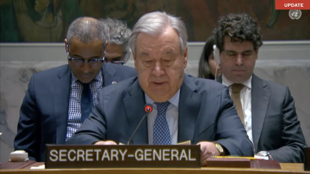 Tổng thư ký LHQ Antonio Guterres tại phiên họp đặc biệt khẩn cấp thảo luận về các cuộc tấn của Israel và Mỹ nhằm vào Iran. Ảnh: UNTV/ARAB NEWS 