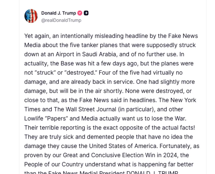 Bài đăng của Tổng thống Mỹ Donald Trump trên mạng xã hội Truth Social. Ảnh: TRUTH SOCIAL 