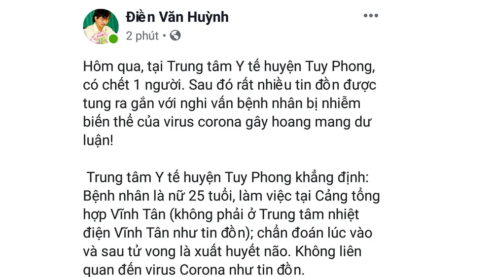 Nội dung chia sẻ của Chủ tịch UBND huyện Tuy Phong trên trang Facebook cá nhân.