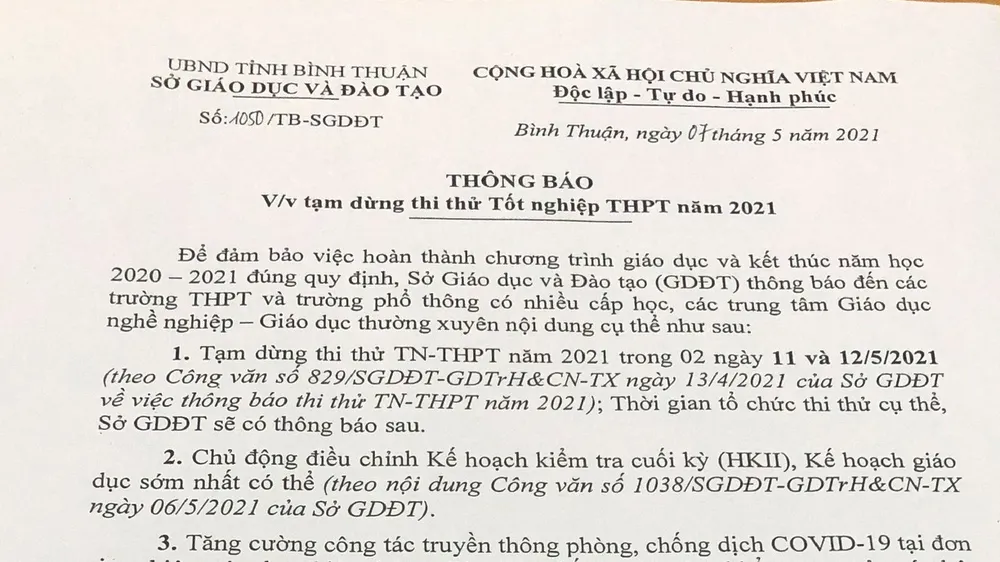  Bình Thuận tạm dừng thi thử tốt nghiệp THPT.
