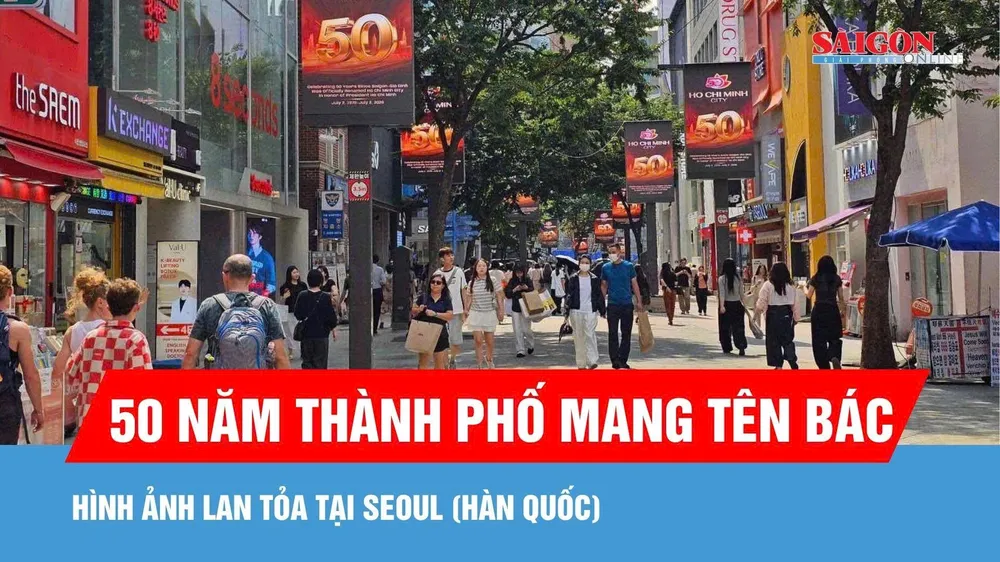 Trung tâm Seoul: Hình ảnh kỷ niệm 50 năm Thành phố mang tên Bác được phát trên các màn hình lớn