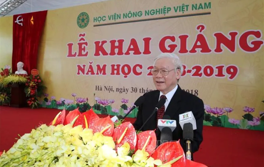 Tổng Bí thư Nguyễn Phú Trọng phát biểu tại Lễ khai giảng năm học mới Học Viện Nông nghiệp Việt Nam. Ảnh: TTXVN