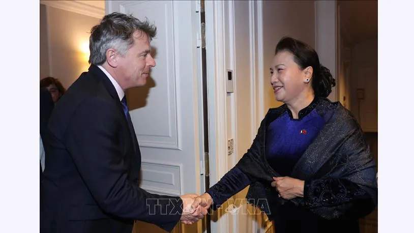 Chủ tịch Quốc hội Nguyễn Thị Kim Ngân tiếp Bí thư Toàn quốc Đảng Cộng sản Pháp, Fabien Roussel. Ảnh: Trọng Đức/TTXVN