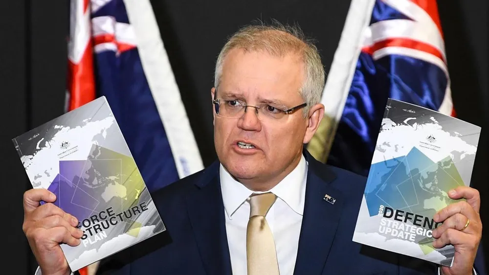 Thủ tướng Australi Scott Morrison phát biểu trong buổi công bố Cập nhật Chiên lược Quốc phòng Australia 2020. Nguồn: FT