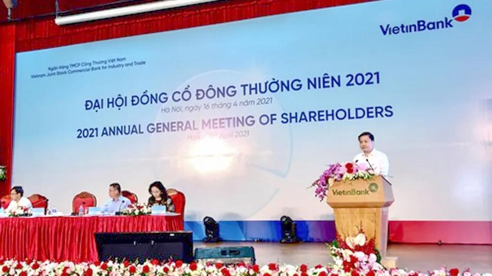Ông Lê Đức Thọ, Chủ tịch HĐQT Vietinbank phát biểu tại Đại hội đồng cổ đông thường niên năm 2021