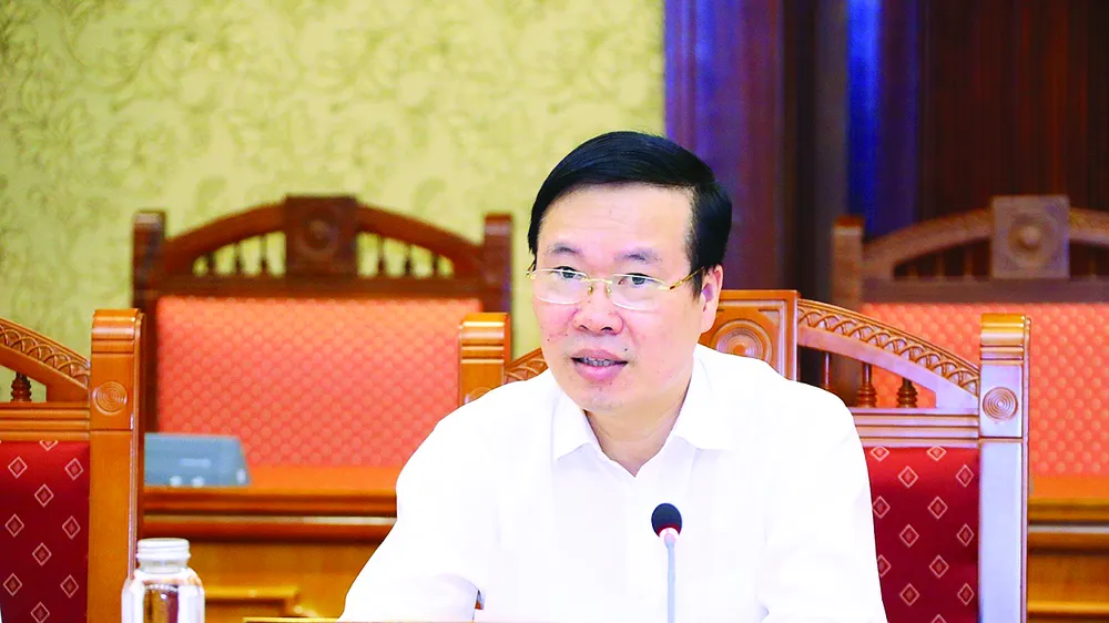 Thường trực Ban Bí thư Võ Văn Thưởng phát biểu tại buổi giao ban. Ảnh: TTXVN