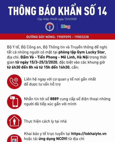 Bộ Y tế khẩn cấp tìm người tới phòng tập Gym Lucky Star ở Mê Linh, Hà Nội
