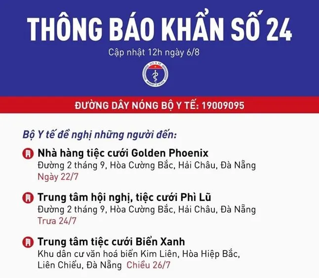 Bộ Y tế thông báo khẩn về bệnh nhân Covid-19 tới 3 nhà hàng tiệc cưới