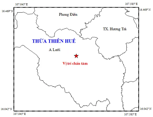 Vị trí tâm chấn động đất khuya 17-11 tại A Lưới