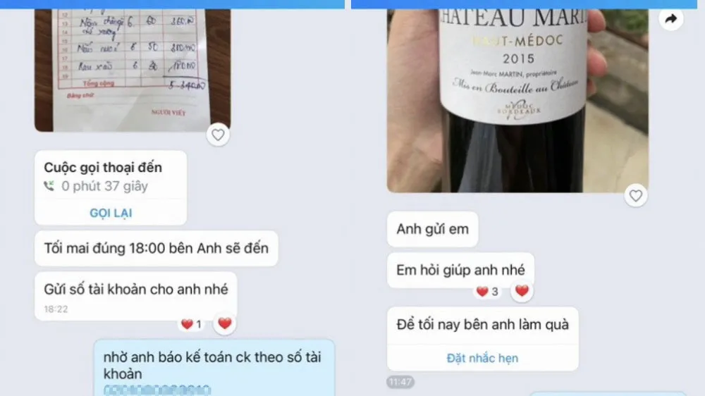 Đối tượng giả mạo đặt bàn tiệc và rượu vang của nhà hàng. Ảnh: Công an Hà Tĩnh