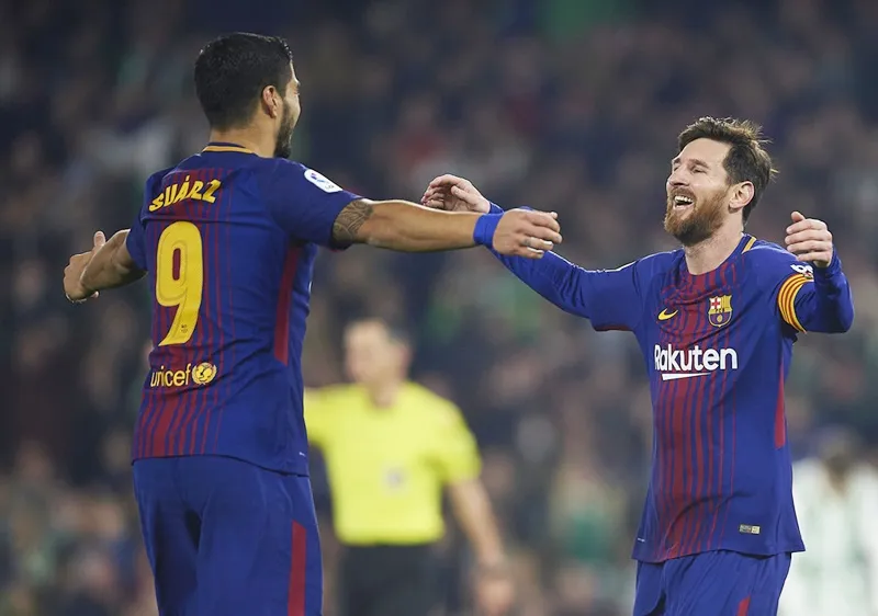 Hiệu suất ghi bàn của Messi và Suarez cao hơn 74 đội bóng tại châu Âu. Ảnh: Getty Images