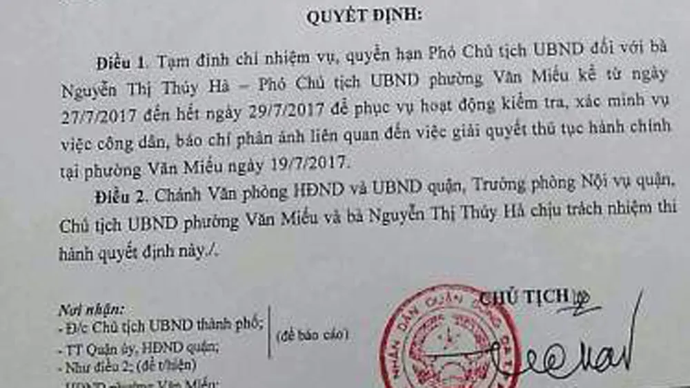 Nội dung công văn tạm đình chỉ nhiệm vụ với Phó Chủ tịch phường Văn Miếu
