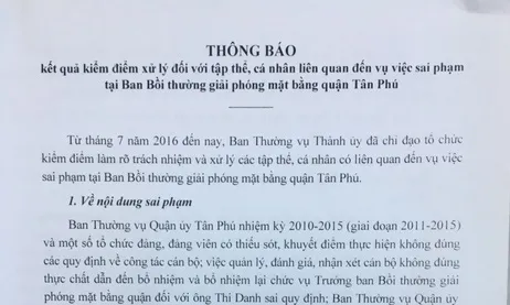 Kết thúc điều tra vụ tham ô tại Ban BTGPMB quận Tân Phú