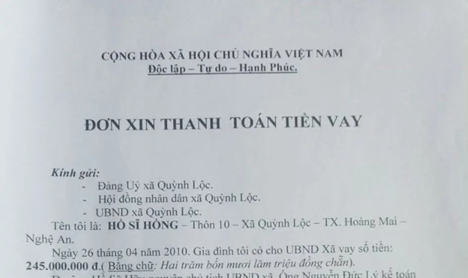 Các giấy vay tiền, khế ước vay tiền của UBND xã Quỳnh Lộc và đơn xin trả nợ của người dân