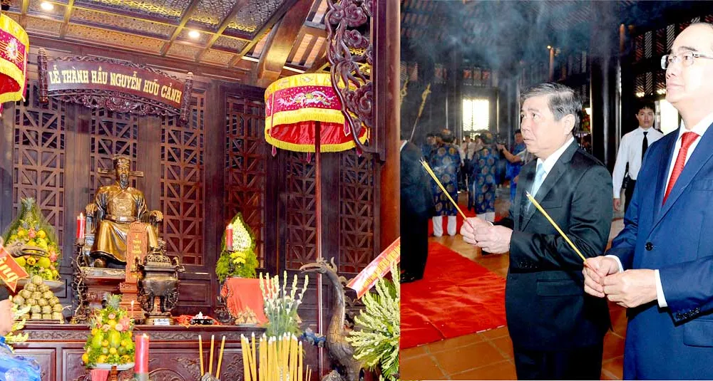 Bí thư Thành ủy TPHCM Nguyễn Thiện Nhân và Chủ tịch UBND TPHCM Nguyễn Thành Phong dâng hương Đức Lễ thành hầu Nguyễn Hữu Cảnh. Ảnh: VIỆT DŨNG