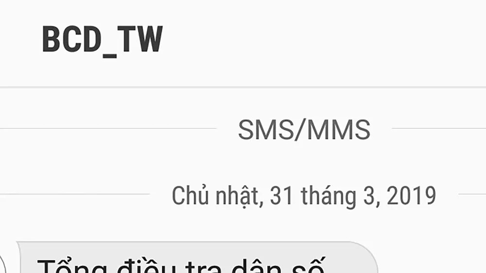 Tin nhắn có nội dung nhắc nhở người dân hưởng ứng cung cấp thông tin cho cuộc tổng điều tra dân số và nhà ở