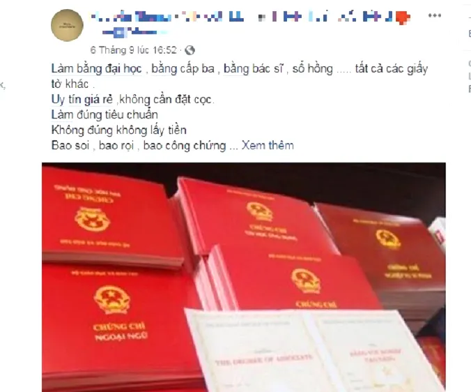 Nhiều loại bằng cấp, chứng chỉ giả được rao bán công khai trên mạng, tiếp tay cho những cán bộ muốn tiến thân bằng cách gian lận