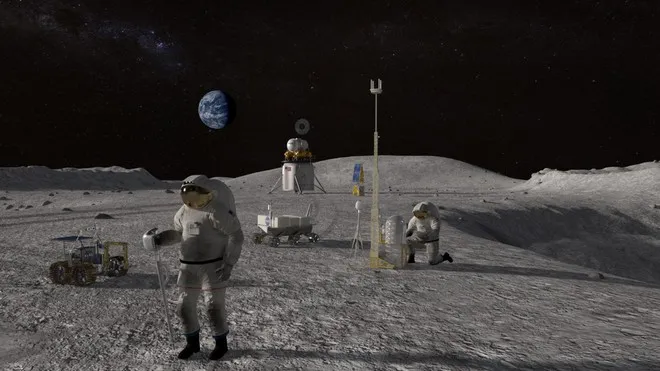 Hình ảnh mô phỏng con người xây dựng các công trình nghiên cứu trên mặt trăng. Ảnh: NASA