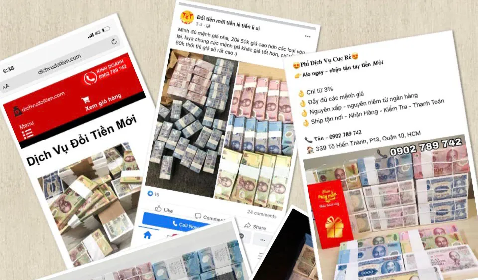 Nhiều trang web, trang mạng xã hội ngang nhiên rao dịch vụ đổi tiền mới, tiền lẻ trên mạng. Ảnh: HUY PHAN