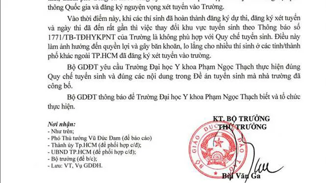 Bộ GD-ĐT yêu cầu Trường ĐH Y khoa Phạm Ngọc Thạch thực hiện đúng đề án tuyển sinh đã công bố