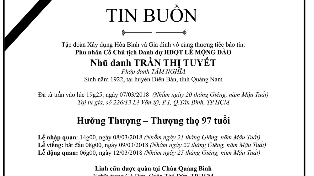Tin buồn: Cụ bà Trần Thị Tuyết