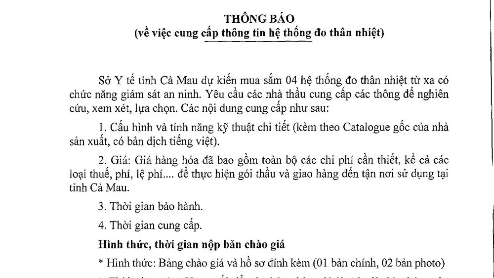 Sở Y tế Cà Mau cần sắm 4 hệ thống đo thân nhiệt từ xa phục vụ công tác chống dịch Covid-19