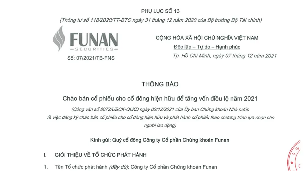 Công ty Cổ phần Chứng khoán Funan thông báo chào bán cổ phiếu