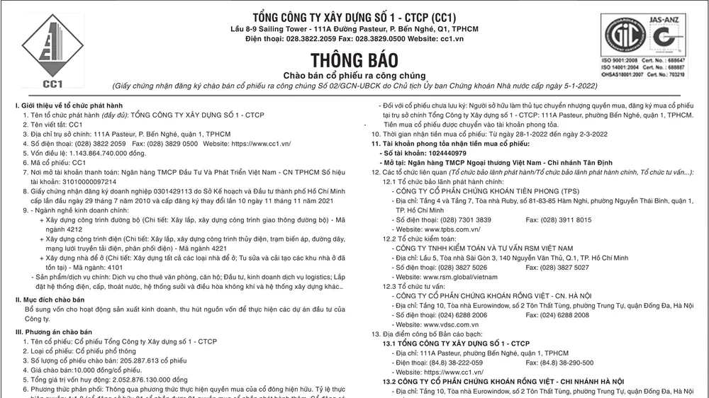 Tổng công ty Xây dựng số 1 - CTCP (CC1) thông báo (lần 3) chào bán cổ phiếu ra công chúng