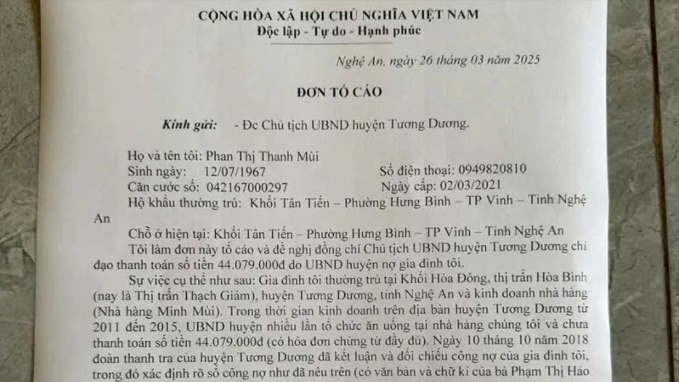 Chủ nhà hàng “tố” Văn phòng UBND huyện nợ tiền ăn uống 10 năm chưa trả