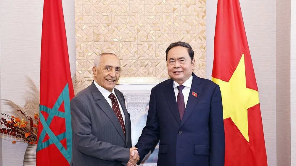 Chủ tịch Quốc hội Trần Thanh Mẫn tiếp ông Mustapha El Ktiri, Chủ tịch Hội Hữu nghị Morocco - Việt Nam. Ảnh: TTXVN