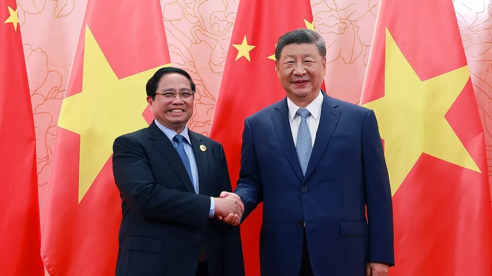 Thủ tướng Phạm Minh Chính hội kiến Tổng Bí thư, Chủ tịch nước Trung Quốc Tập Cận Bình, chiều 31-8. Ảnh: TTXVN