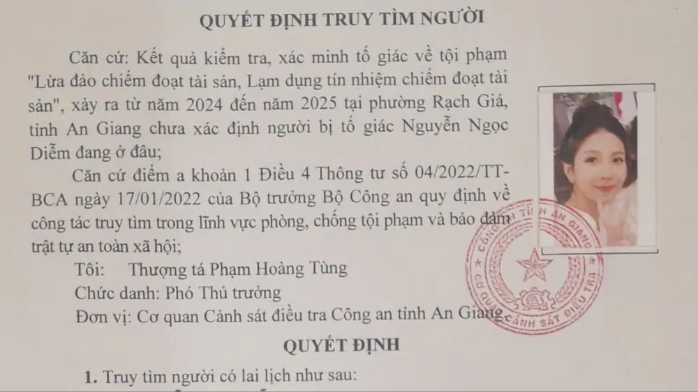 Quyết định truy tìm đối tượng Nguyễn Ngọc Diễm