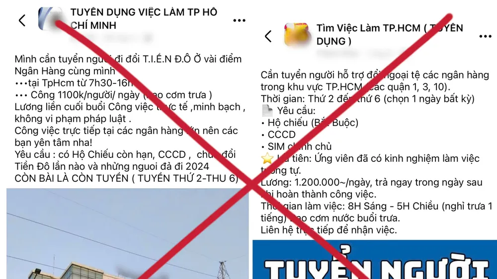 Hàng loạt các bài đăng tuyển dụng người đứng tên đổi tiền Việt sang USD, mỗi ngày nhận công hơn 1 triệu đồng. Ảnh: B.A