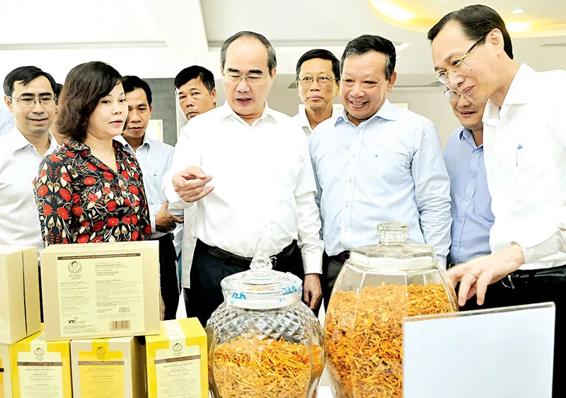 Bí thư Thành ủy TPHCM Nguyễn Thiện Nhân xem sản phẩm nông nghiệp công nghệ cao Ảnh: CAO THĂNG