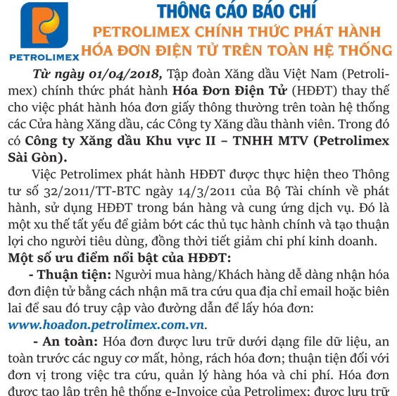 Petrolimex chính thức phát hành hóa đơn điện tử trên toàn hệ thống