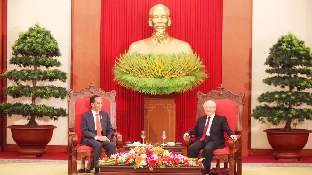 Tổng Bí thư Nguyễn Phú Trọng tiếp Tổng thống Cộng hòa Indonesia Joko Widodo. Ảnh: VGP